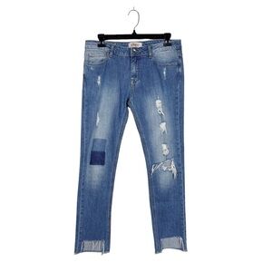 Kontatto Blue Medium Wash Denim Distressed Patch Raw Hem Jeans Size M